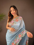 Teeya Creation Sky Color Soft Glossy Silk Heavy Embroidery Work Saree