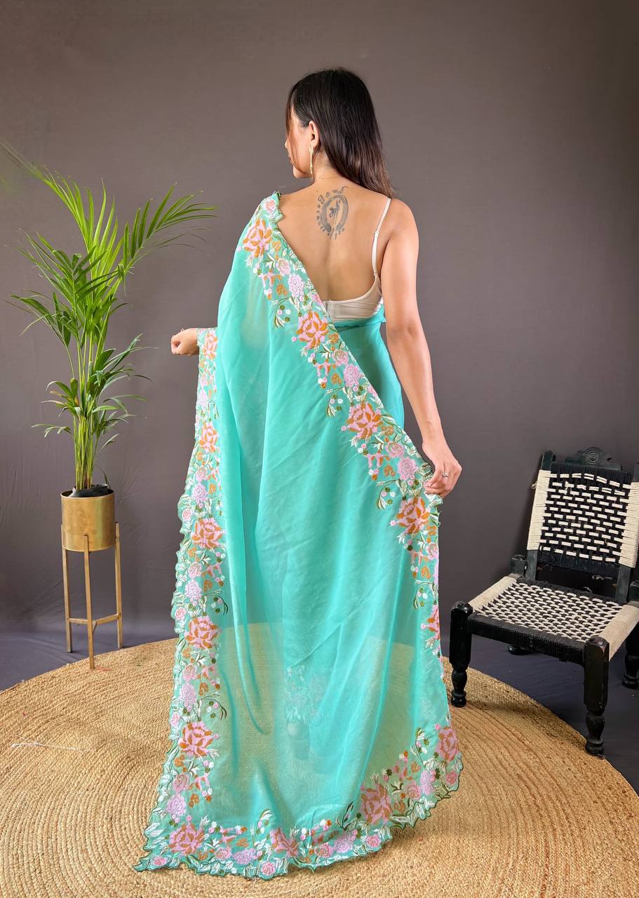 Teeya Creation Turquoise Color Soft Glossy Silk Heavy Embroidery Work Saree