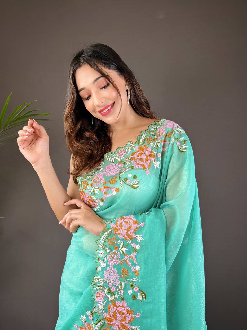 Teeya Creation Turquoise Color Soft Glossy Silk Heavy Embroidery Work Saree