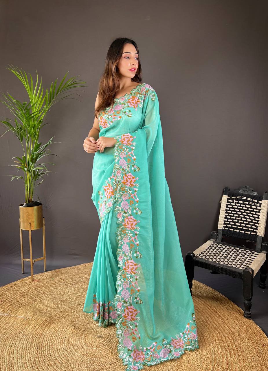 Teeya Creation Turquoise Color Soft Glossy Silk Heavy Embroidery Work Saree