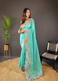 Teeya Creation Turquoise Color Soft Glossy Silk Heavy Embroidery Work Saree