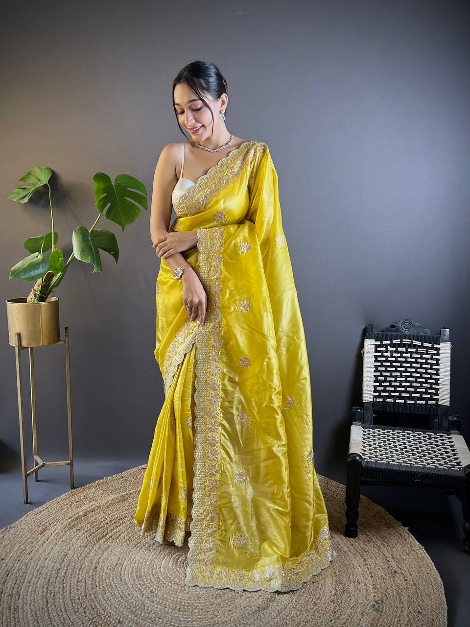 Teeya Creation Lemon Yellow Color Gold Crush Embroidery Work Saree
