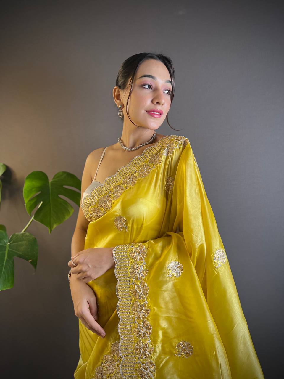 Teeya Creation Lemon Yellow Color Gold Crush Embroidery Work Saree