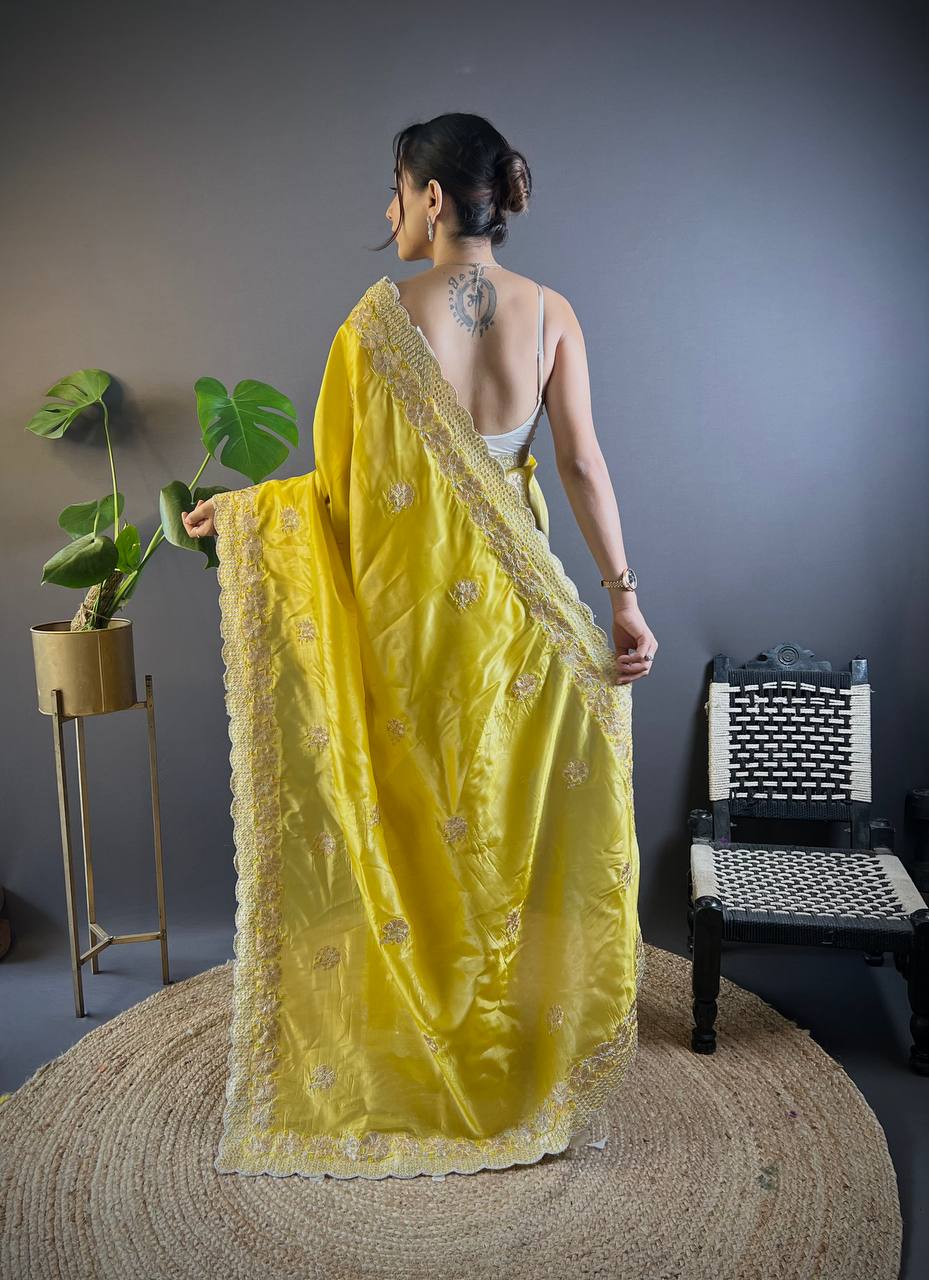 Teeya Creation Lemon Yellow Color Gold Crush Embroidery Work Saree