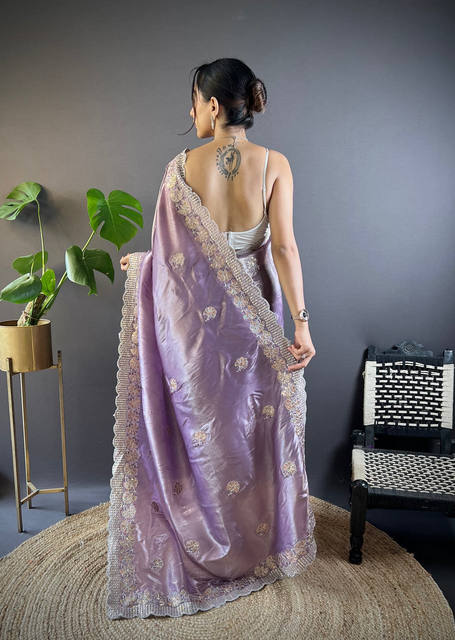 Teeya Creation Onion Color Gold Crush Embroidery Work Saree