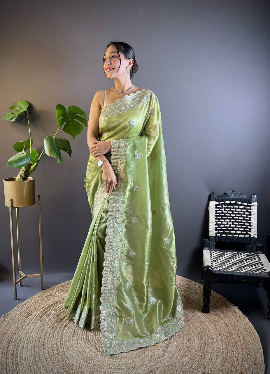 Teeya Creation Parrot Color Gold Crush Embroidery Work Saree