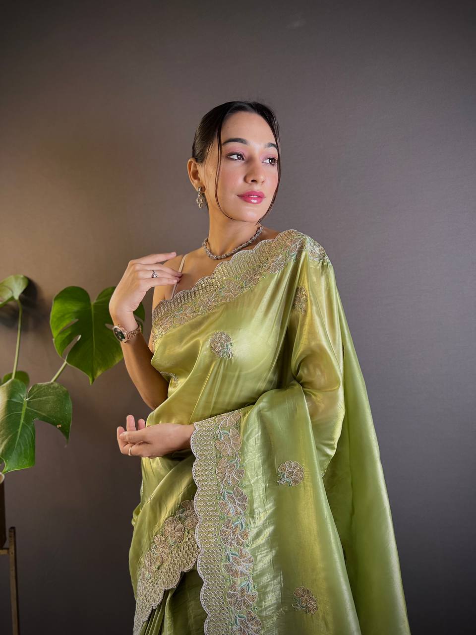 Teeya Creation Parrot Color Gold Crush Embroidery Work Saree