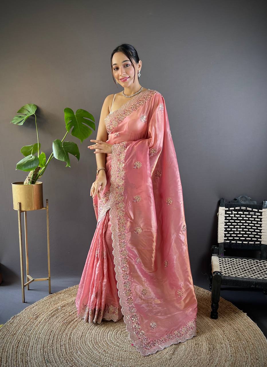 Teeya Creation Peach Color Gold Crush Embroidery Work Saree