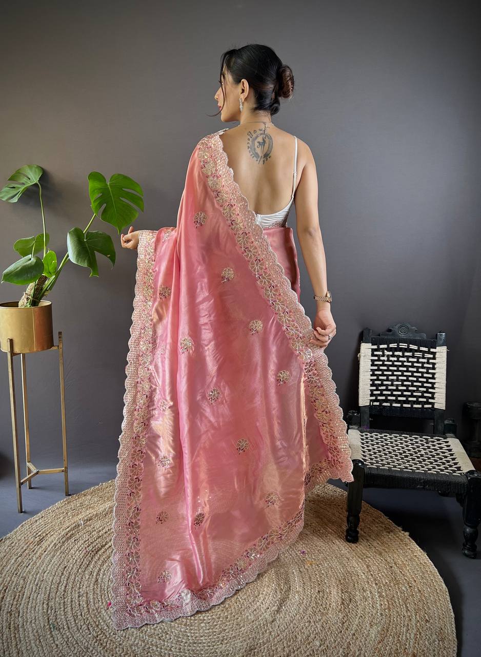 Teeya Creation Peach Color Gold Crush Embroidery Work Saree