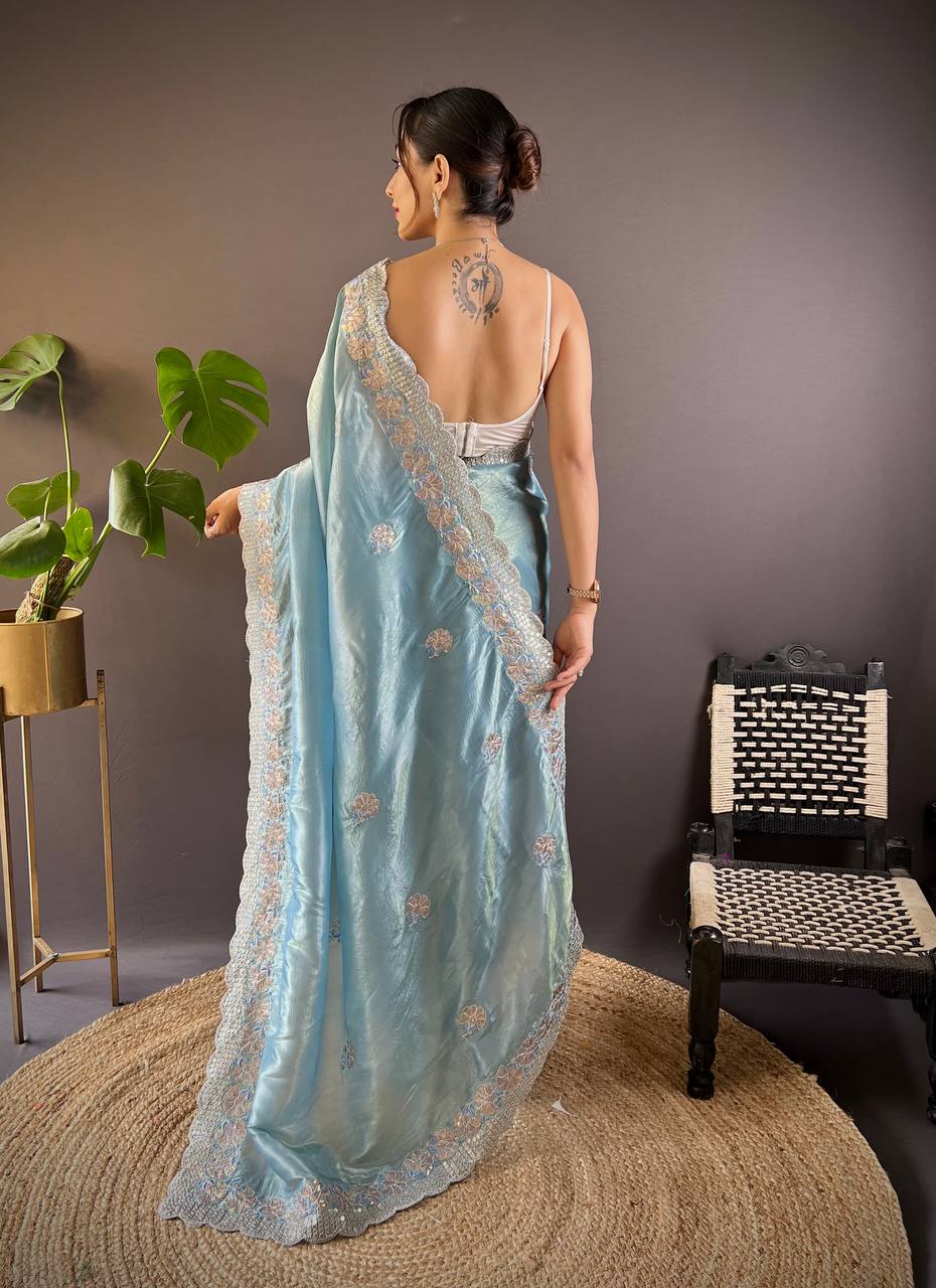 Teeya Creation Sky Color Gold Crush Embroidery Work Saree