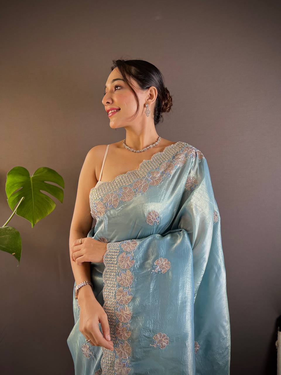Teeya Creation Sky Color Gold Crush Embroidery Work Saree