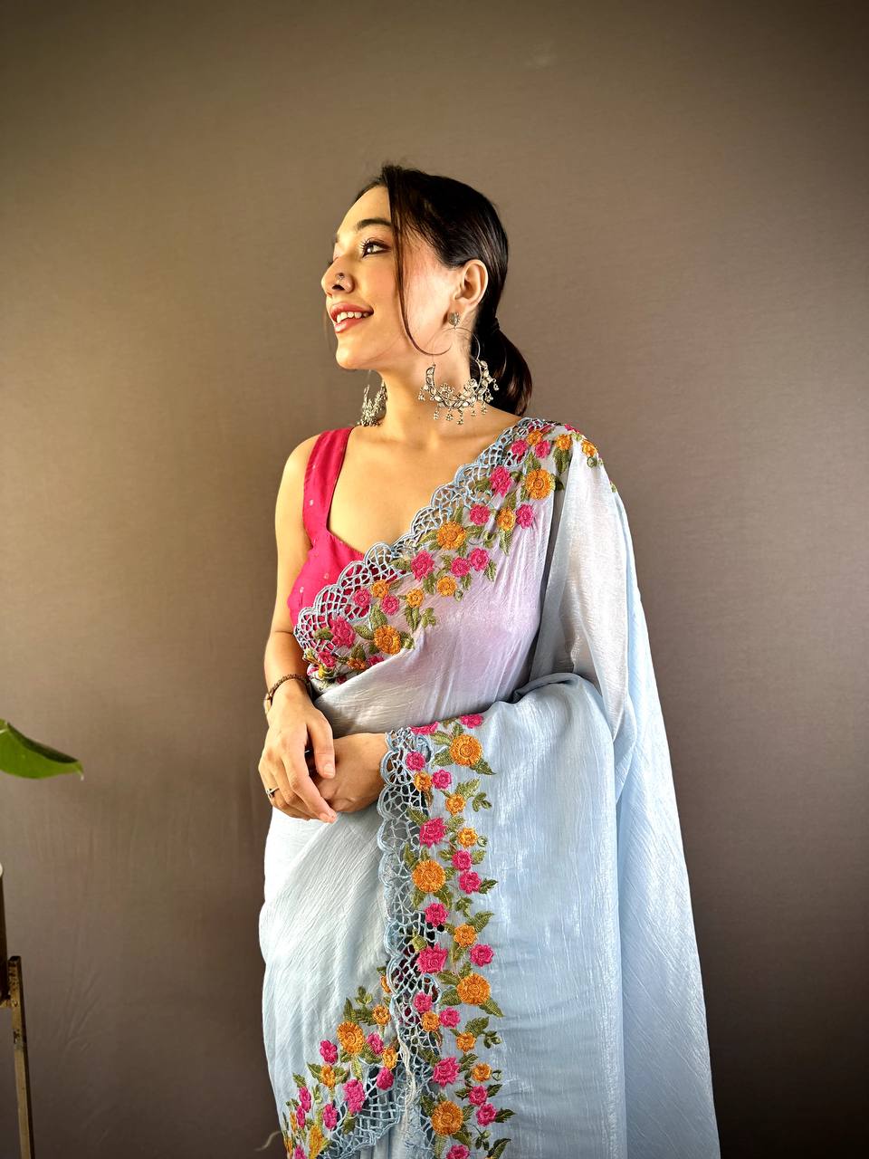 Teeya Creation Sky Color Gold Crush Embroidery Work Saree