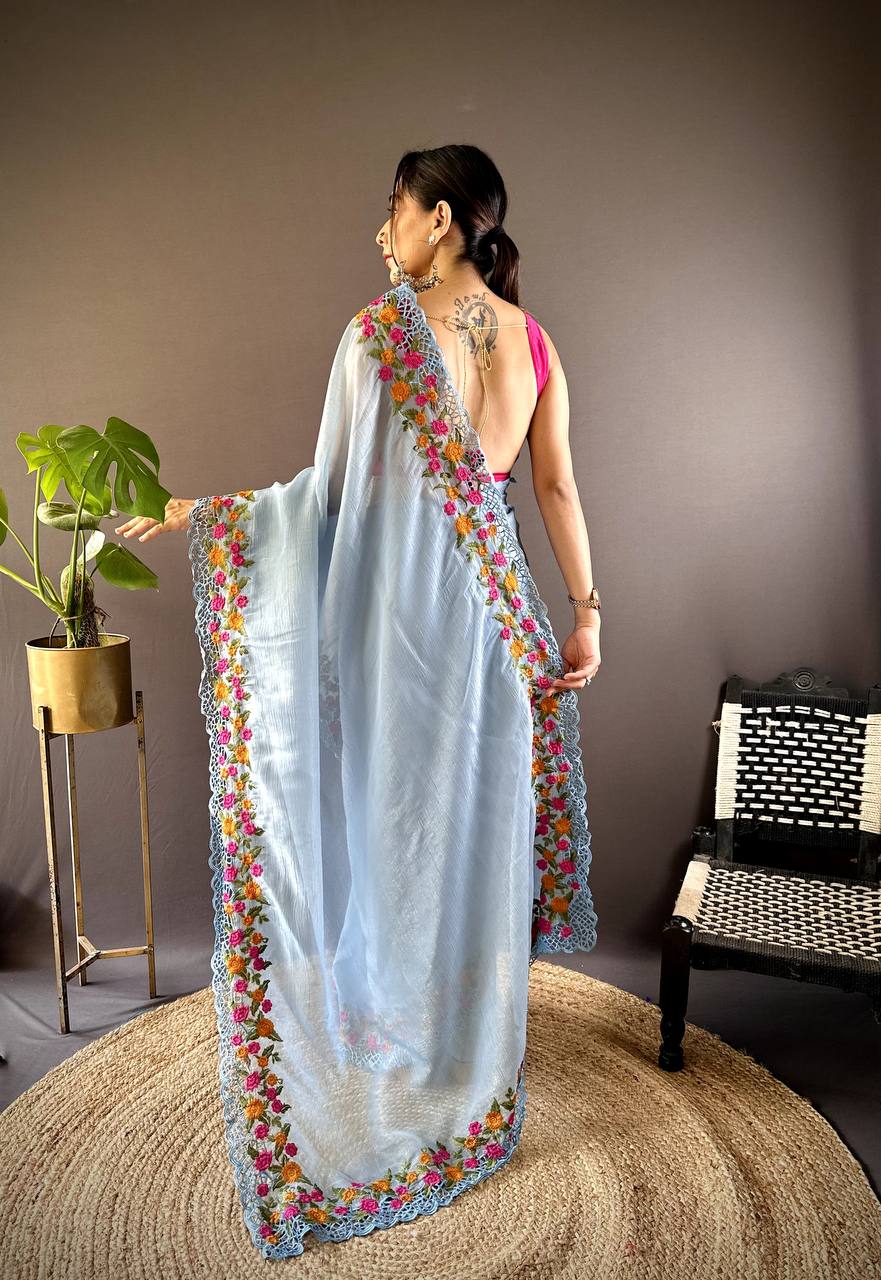 Teeya Creation Sky Color Gold Crush Embroidery Work Saree
