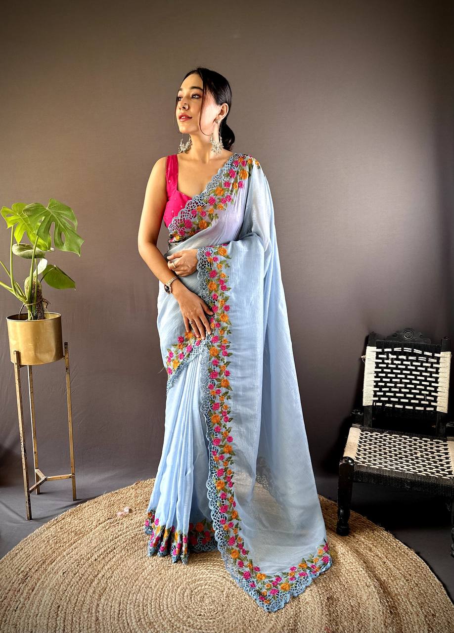 Teeya Creation Sky Color Gold Crush Embroidery Work Saree