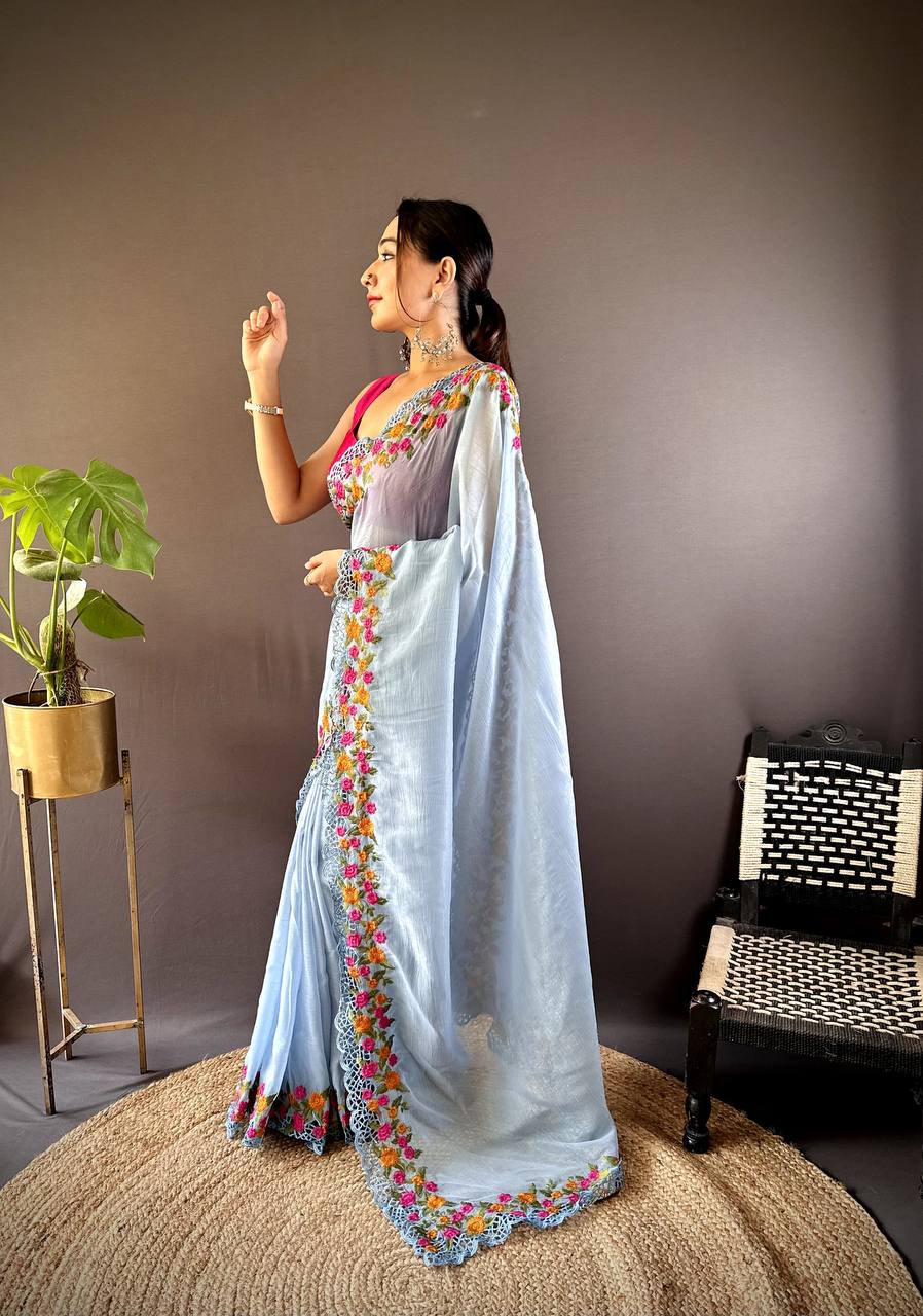 Teeya Creation Sky Color Gold Crush Embroidery Work Saree