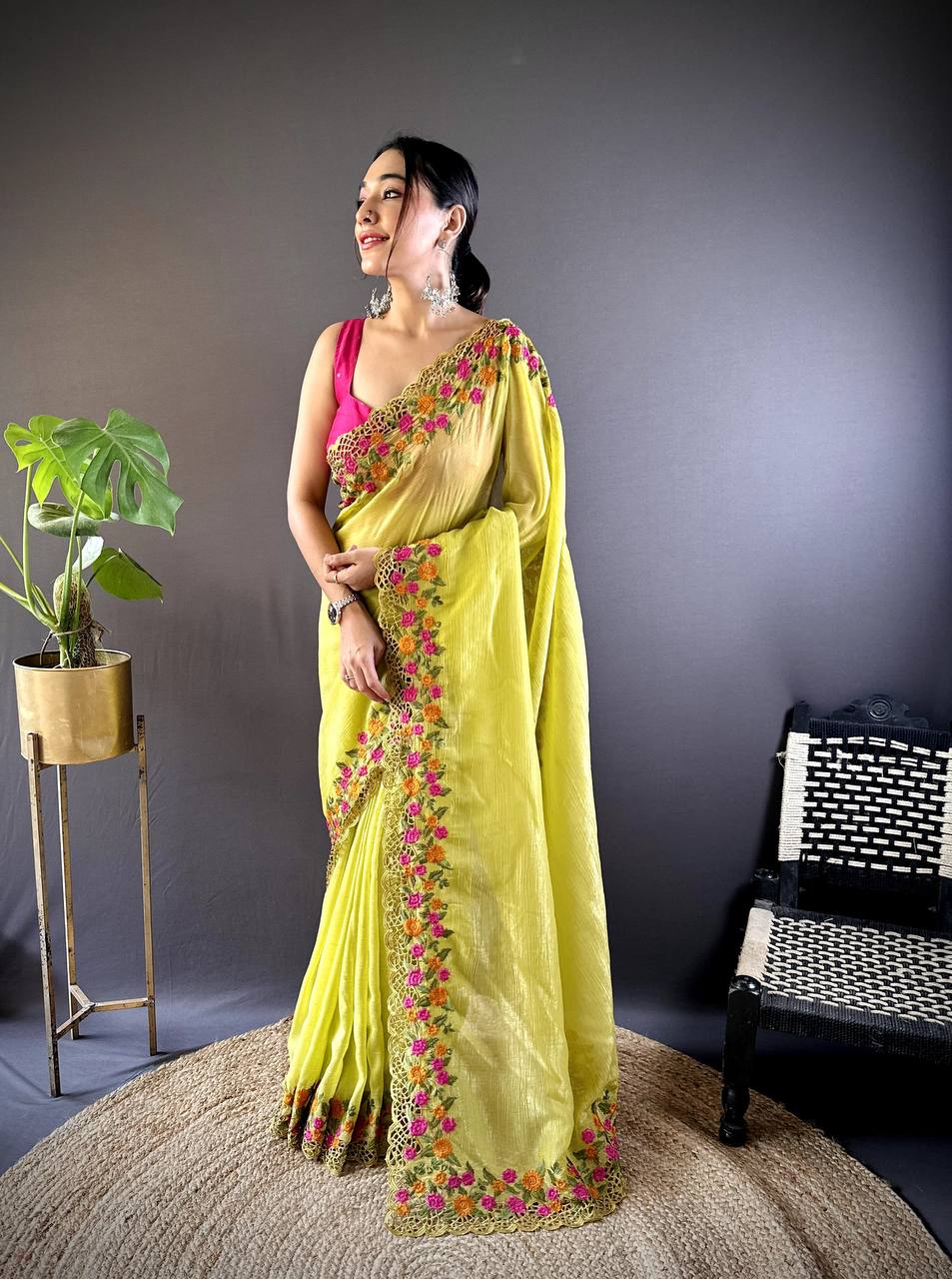Teeya Creation Olive Color Gold Crush Embroidery Work Saree
