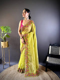 Teeya Creation Olive Color Gold Crush Embroidery Work Saree