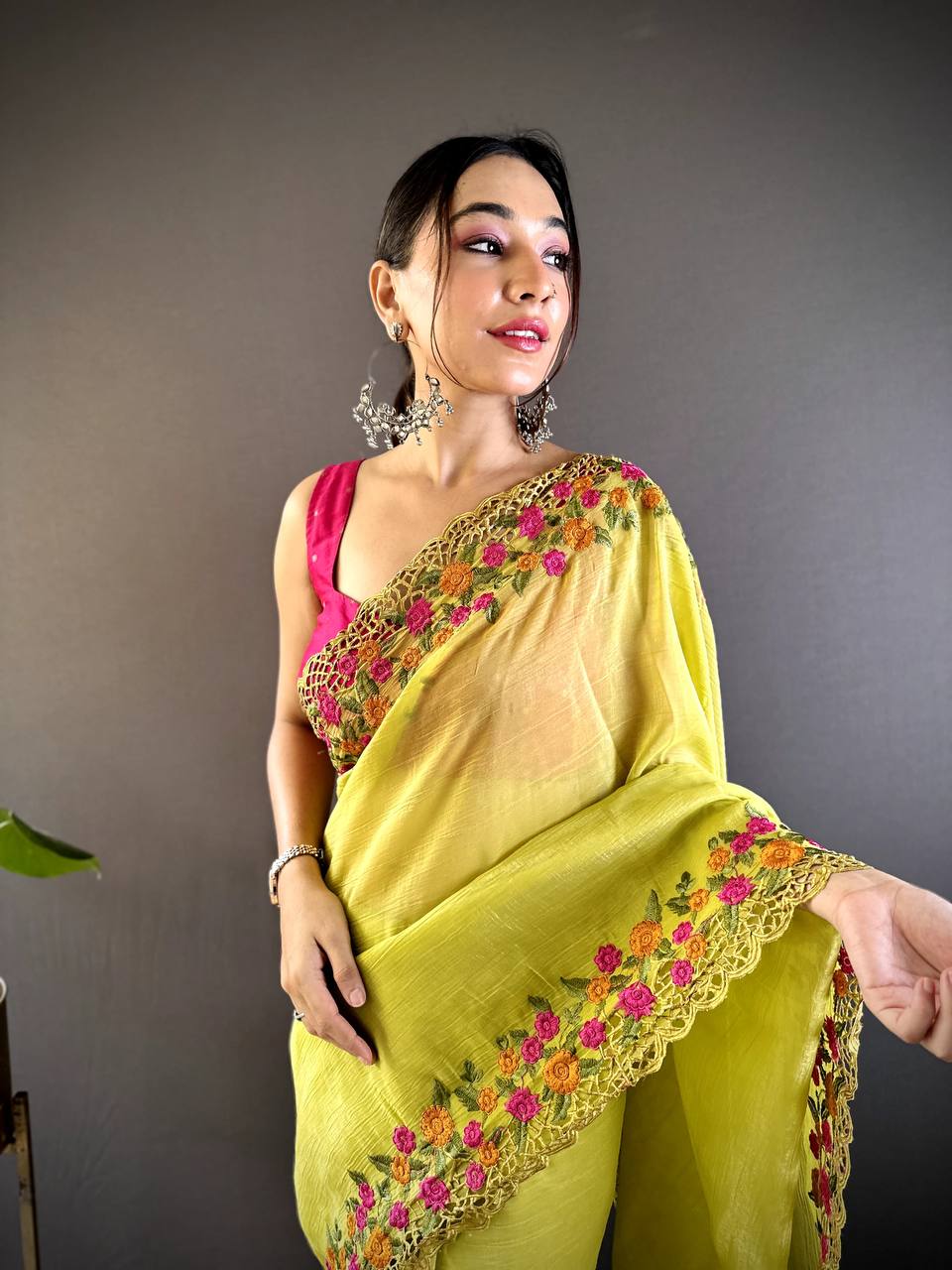 Teeya Creation Olive Color Gold Crush Embroidery Work Saree