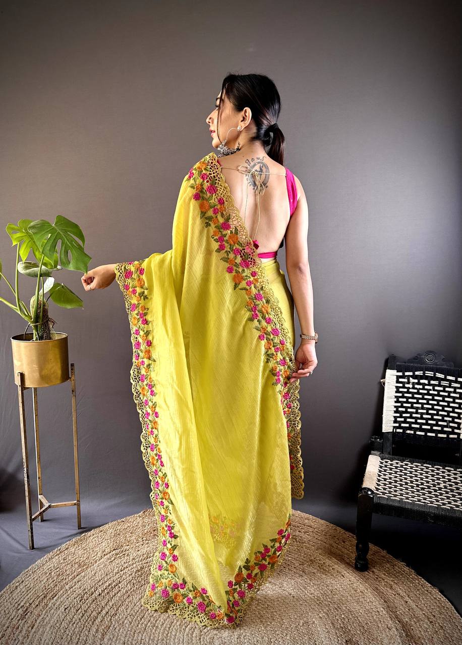 Teeya Creation Olive Color Gold Crush Embroidery Work Saree
