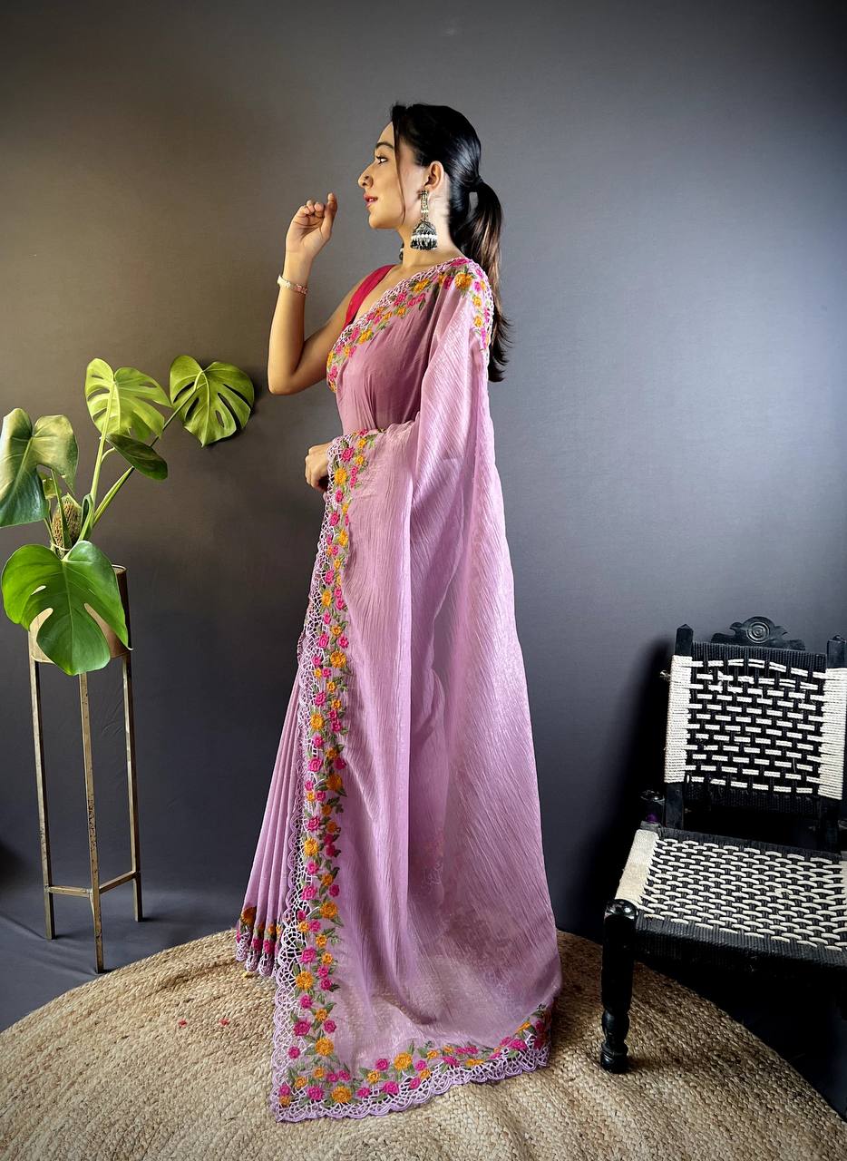 Teeya Creation Onion Color Gold Crush Embroidery Work Saree