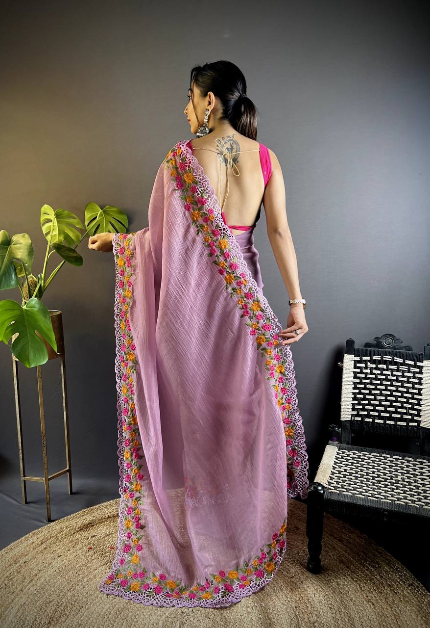 Teeya Creation Onion Color Gold Crush Embroidery Work Saree