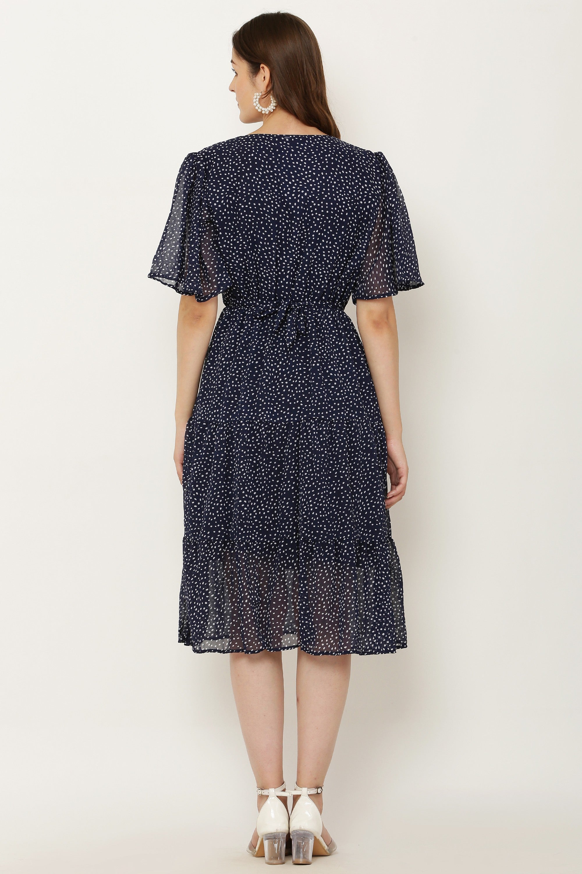 PAVONINE Micro Dots V-Neck Georgette Fabric Navy Blue Dress For Women