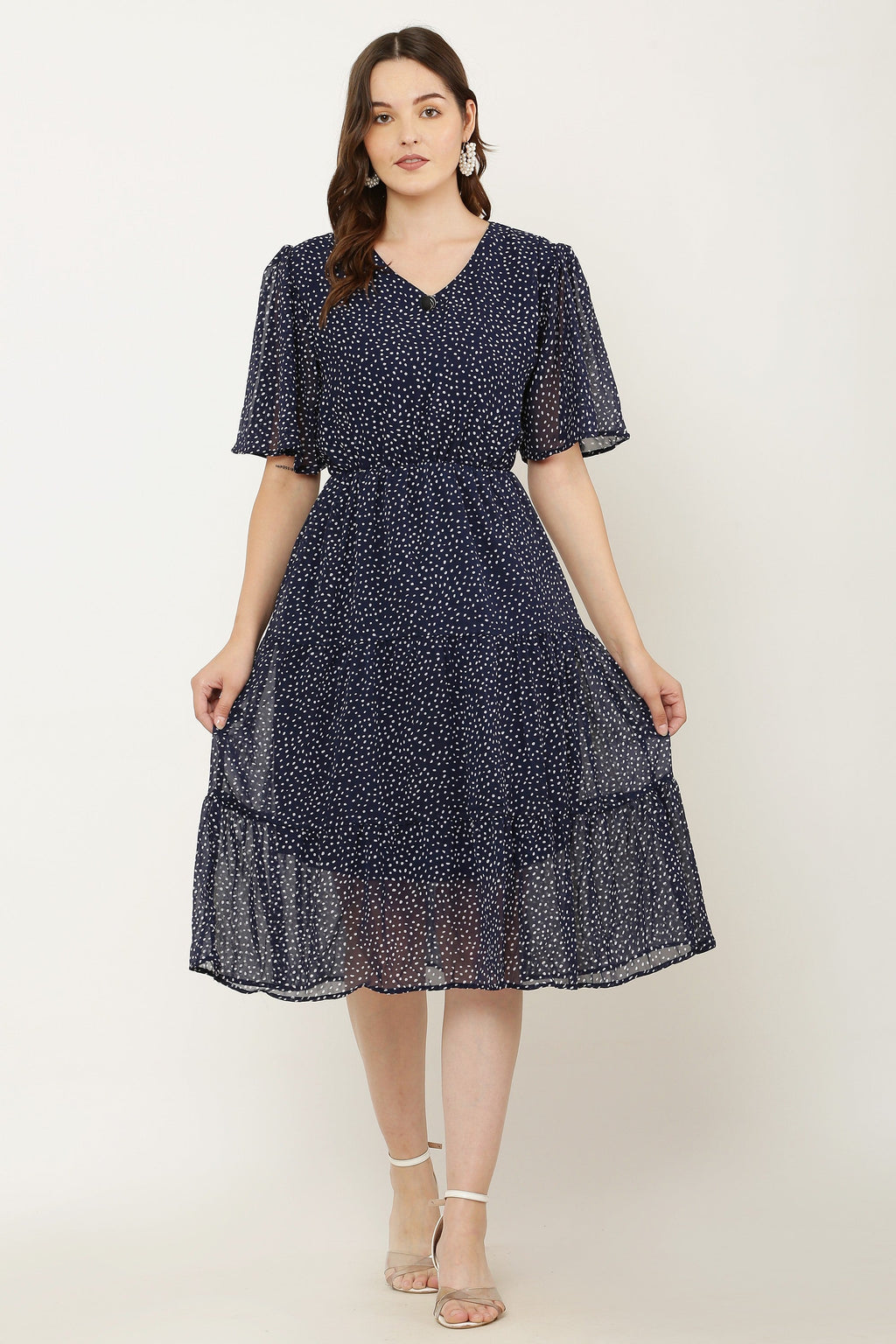 PAVONINE Micro Dots V-Neck Georgette Fabric Navy Blue Dress For Women