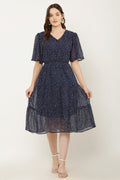 PAVONINE Micro Dots V-Neck Georgette Fabric Navy Blue Dress For Women