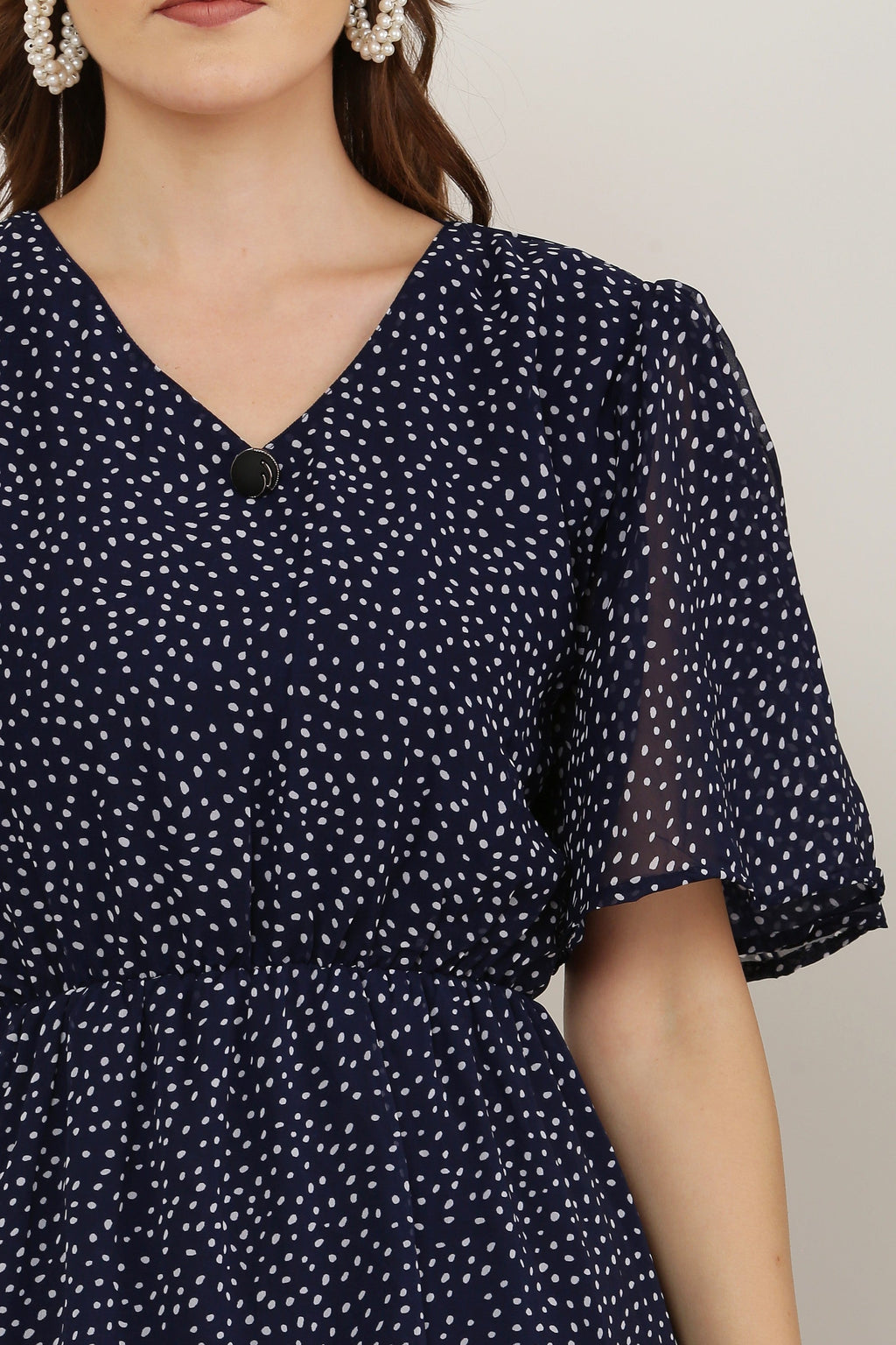 PAVONINE Micro Dots V-Neck Georgette Fabric Navy Blue Dress For Women