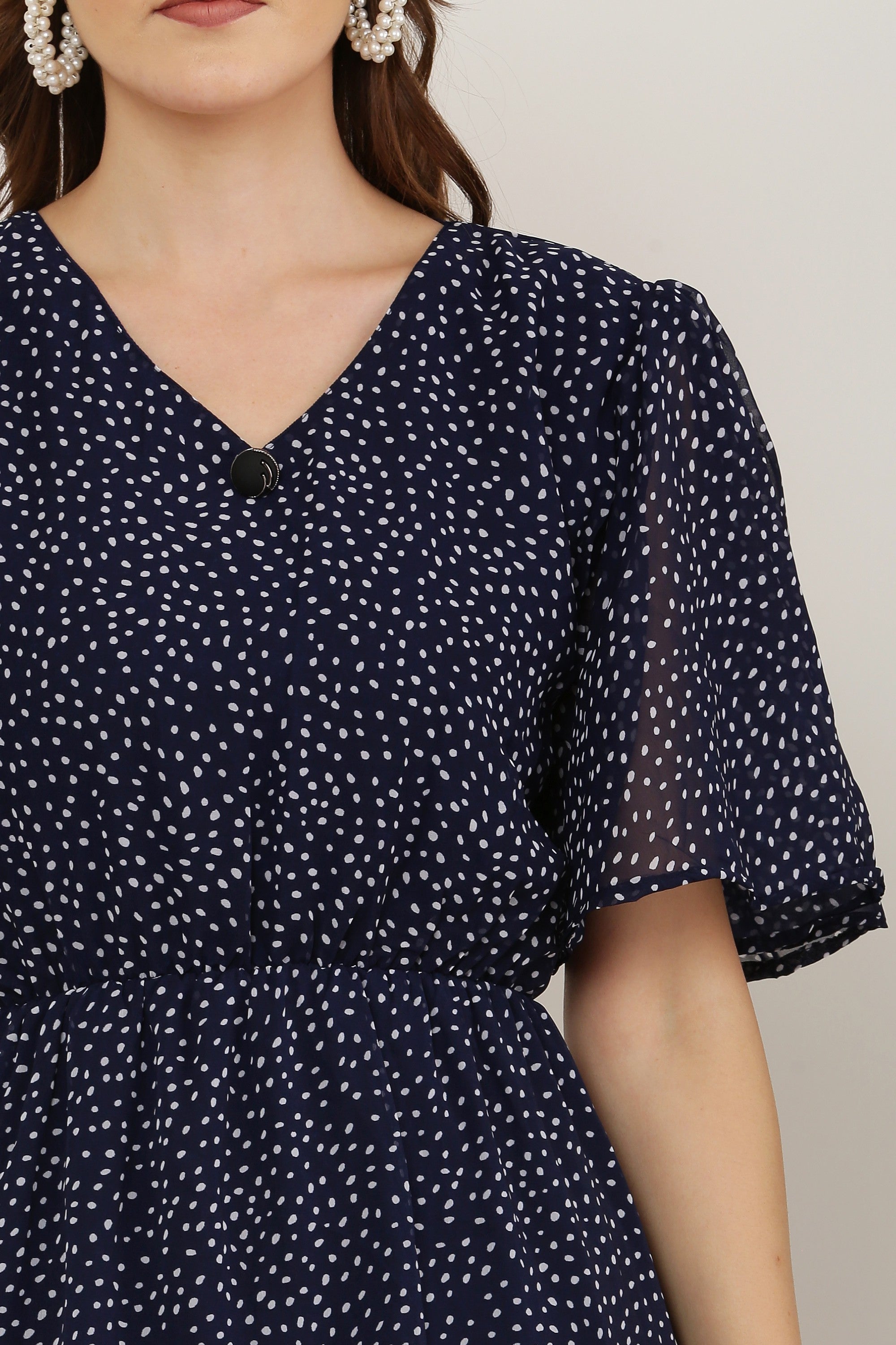 PAVONINE Micro Dots V-Neck Georgette Fabric Navy Blue Dress For Women