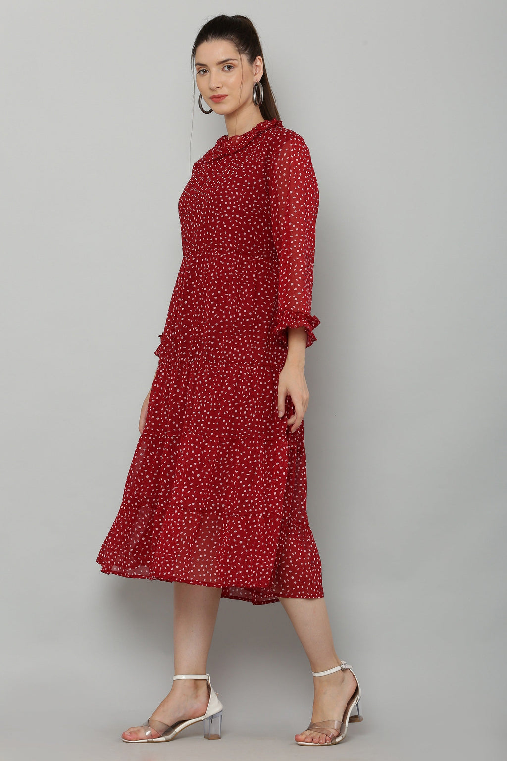 PAVONINE Micro Dots Frill-Neck Georgette Fabric Maroon Dress For Women