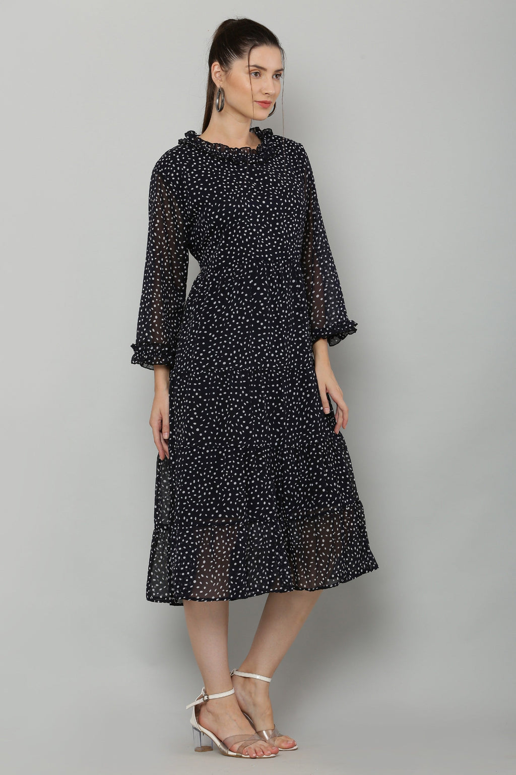 PAVONINE Micro Dots Frill-Neck Georgette Fabric Navy Blue Dress For Women