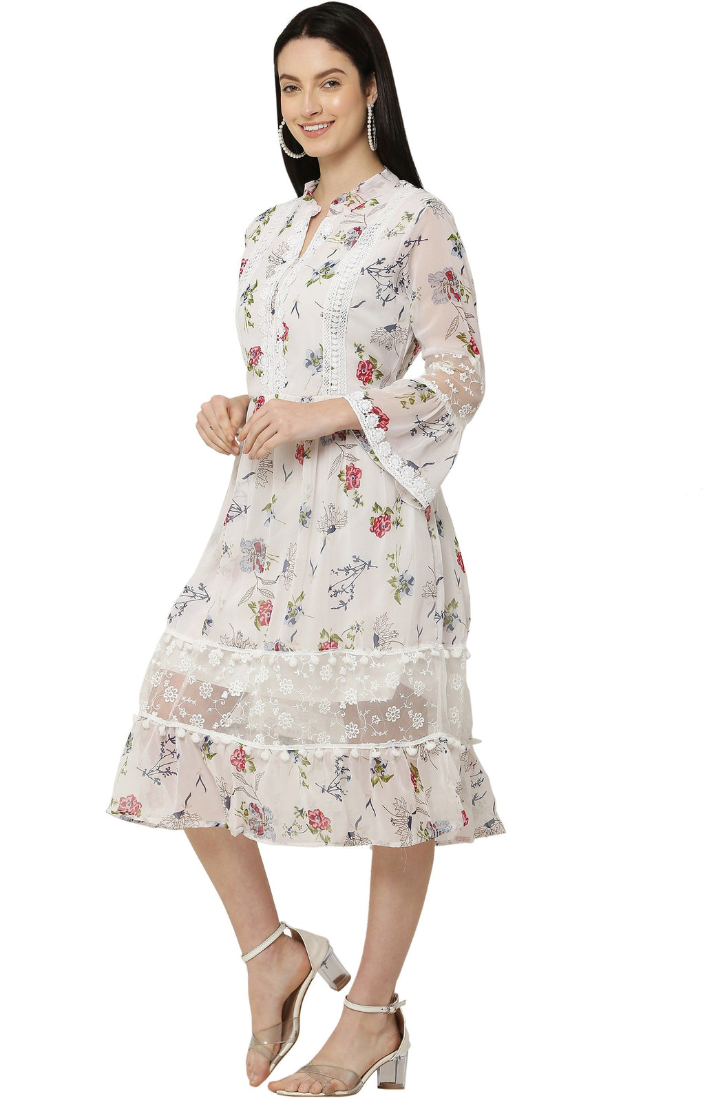 PAVONINE White Color Flower Printed Lace Bottom Dress For Girls & Women