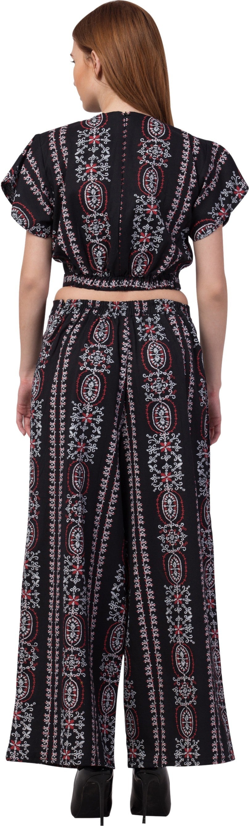 PAVONINE Black Color Printed Crop Top And Flared Palazzo Set For Girls & Women