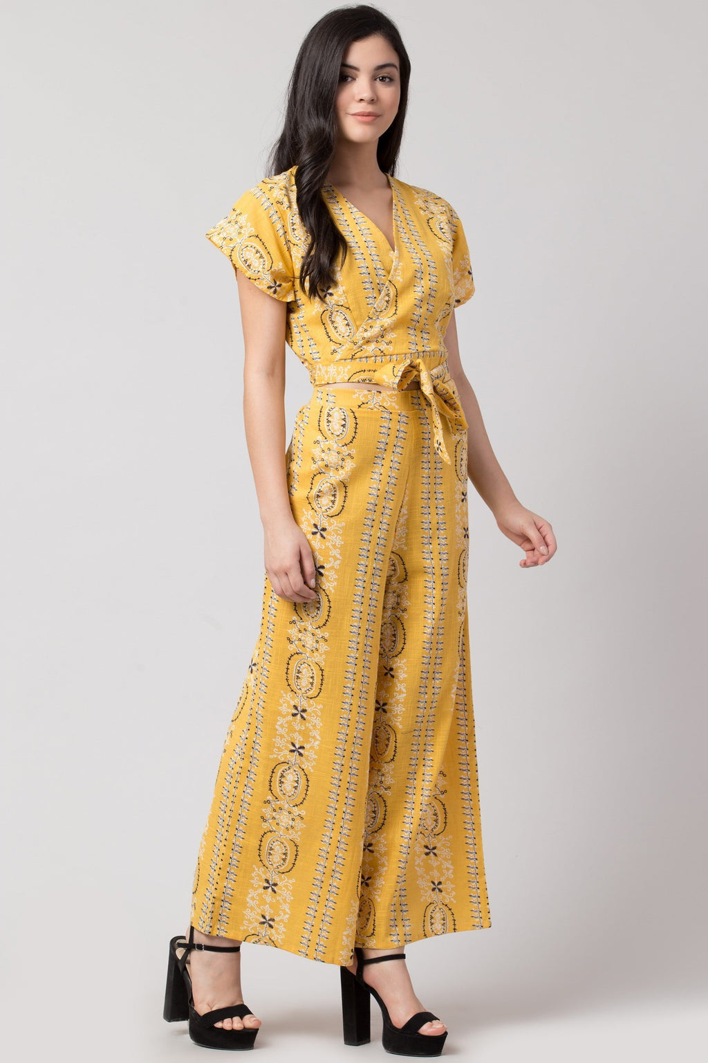 PAVONINE Mustard Color Printed Crop Top And Flared Palazzo Set For Girls & Women