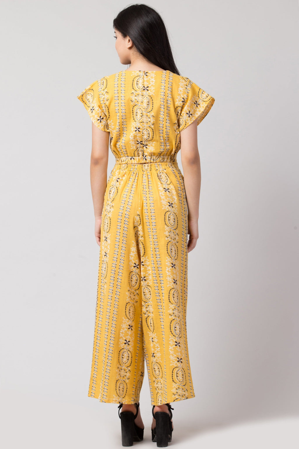PAVONINE Mustard Color Printed Crop Top And Flared Palazzo Set For Girls & Women
