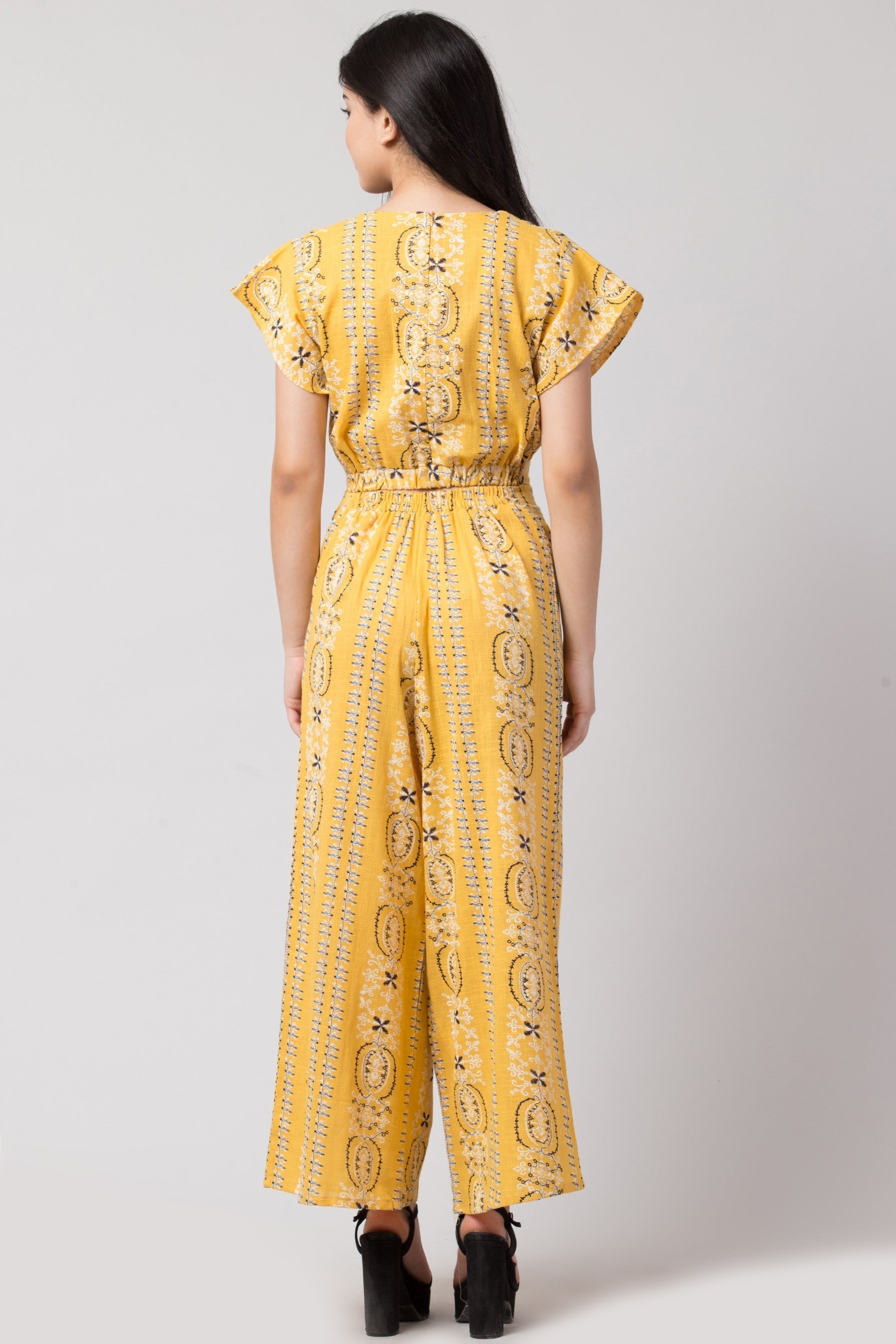 PAVONINE Mustard Color Printed Crop Top And Flared Palazzo Set For Girls & Women