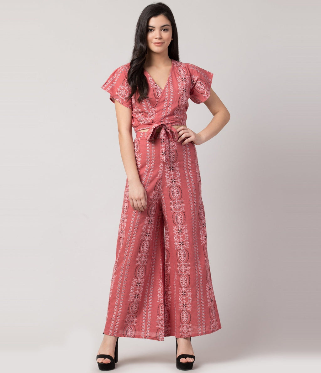 PAVONINE Peach Color Printed Crop Top And Flared Palazzo Set For Girls & Women