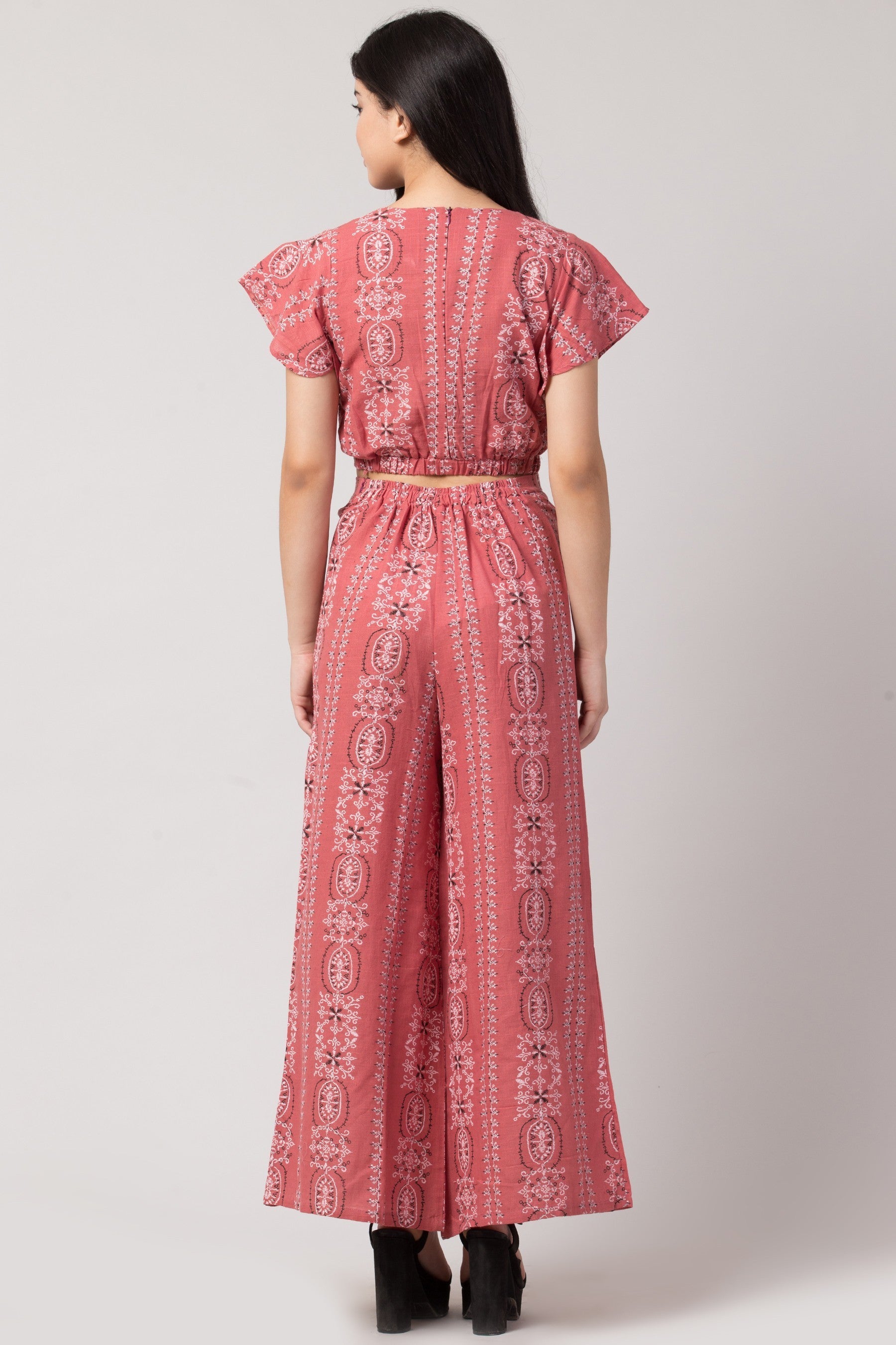 PAVONINE Peach Color Printed Crop Top And Flared Palazzo Set For Girls & Women