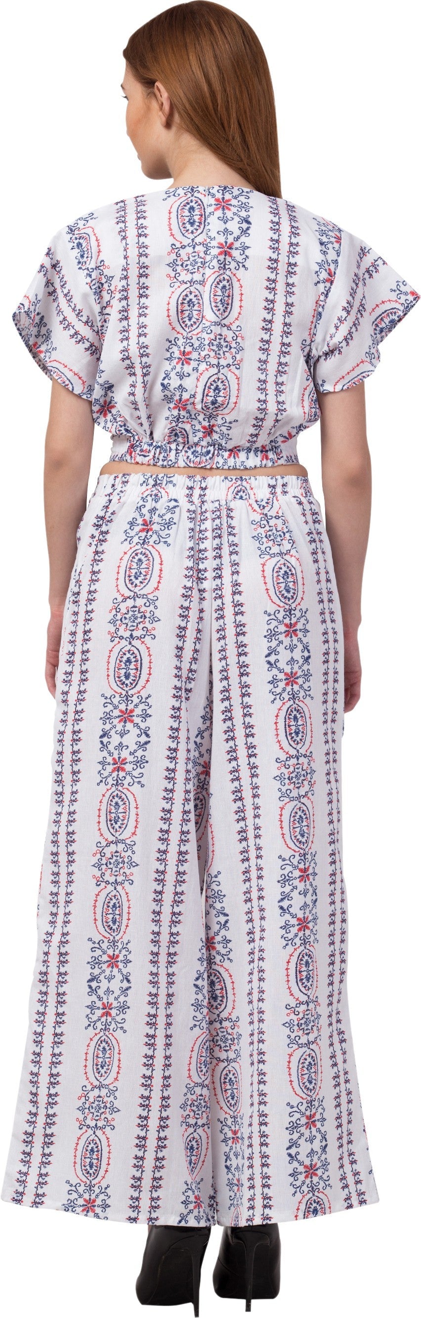 PAVONINE White Color Printed Crop Top And Flared Palazzo Set For Girls & Women