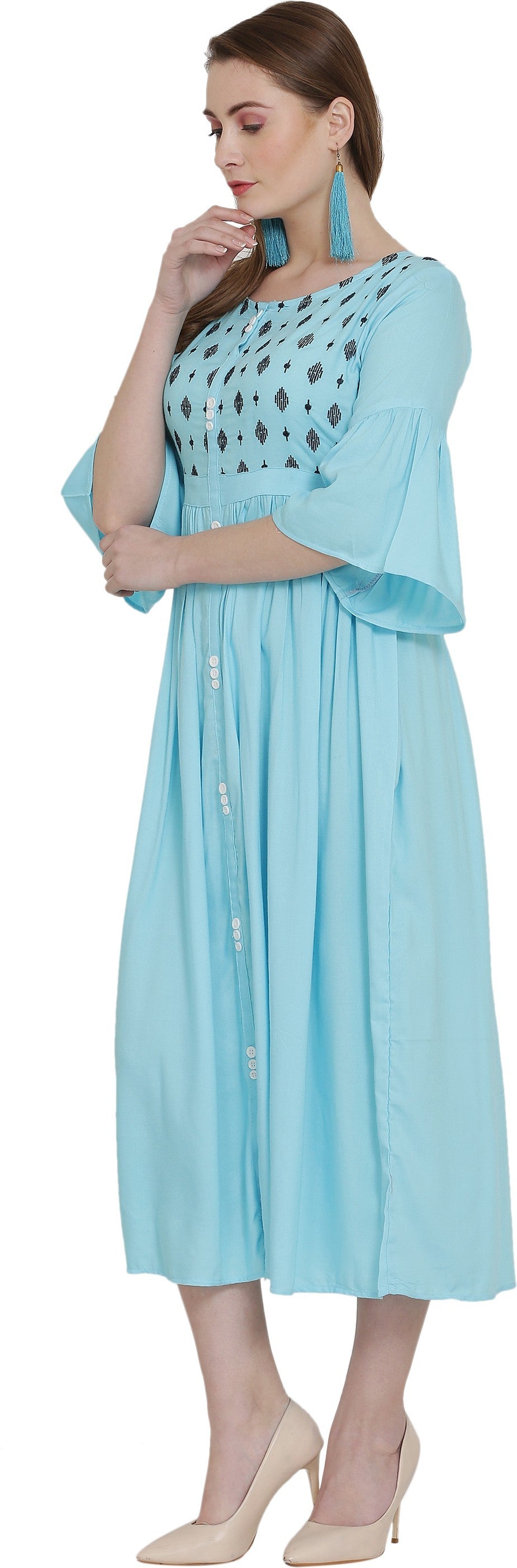 PAVONINE Firozi Color Embroidery Work With Button Dress For Women