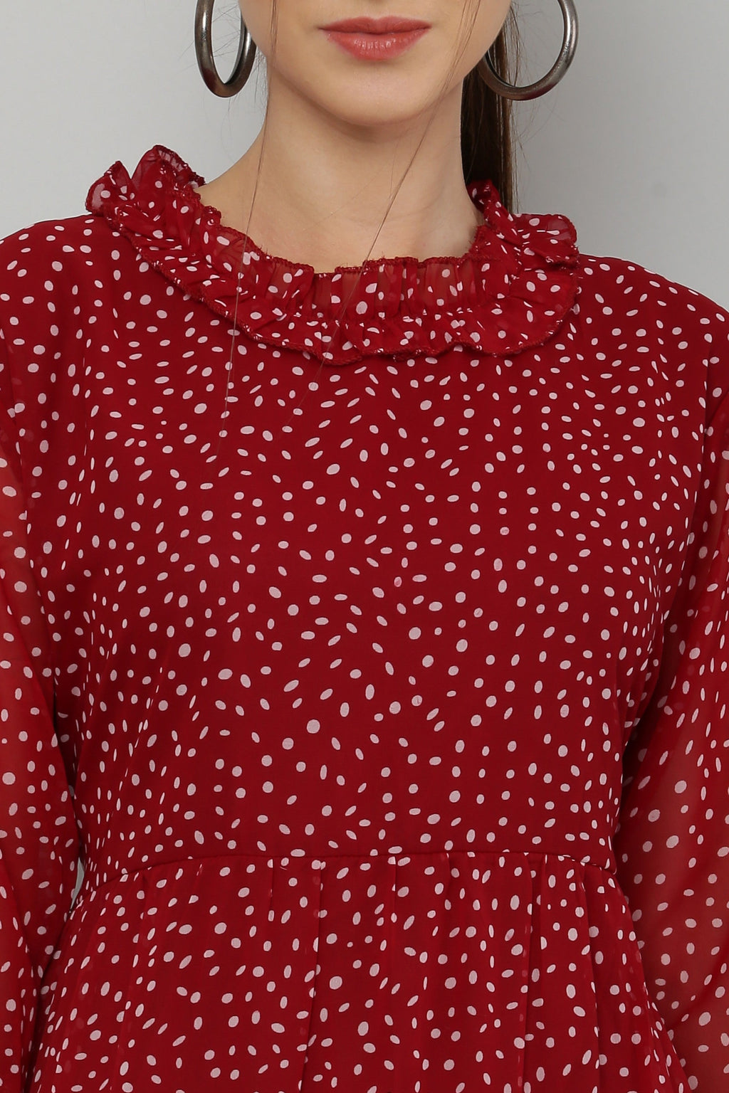 PAVONINE Micro Dots Frill-Neck Georgette Fabric Maroon Dress For Women