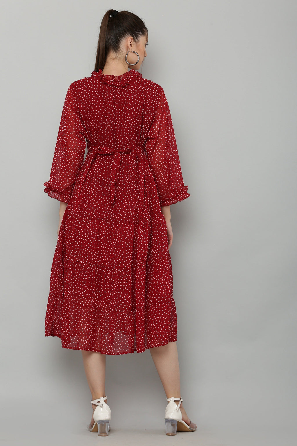 PAVONINE Micro Dots Frill-Neck Georgette Fabric Maroon Dress For Women