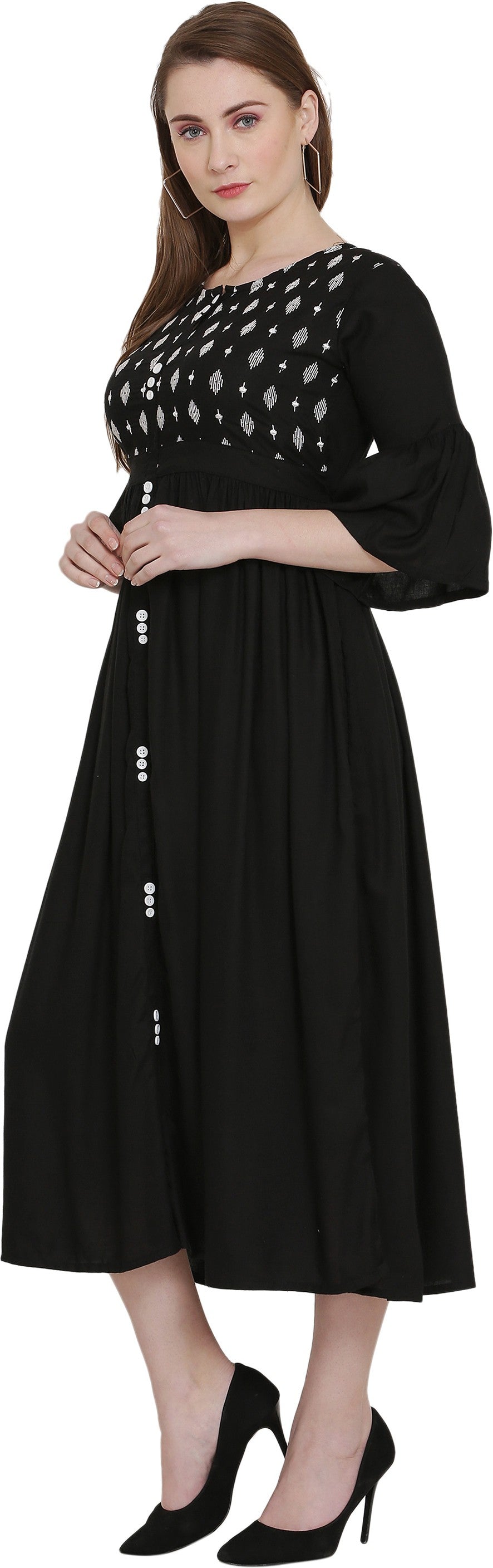 PAVONINE Black Color Embroidery Work With Button Dress For Women