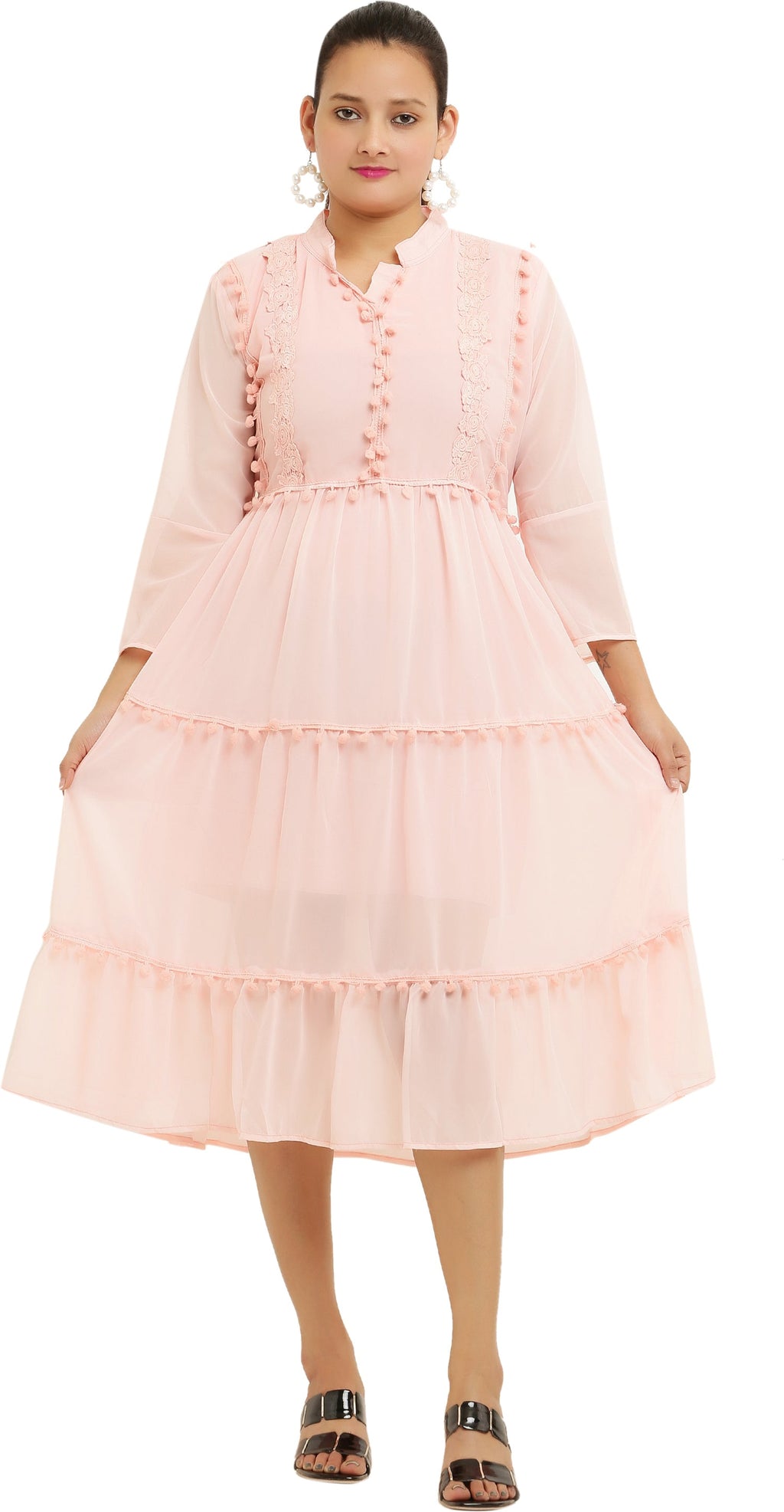 PAVONINE Pum Pum & Lace Inserted Pink Color Dress For Girls & Women