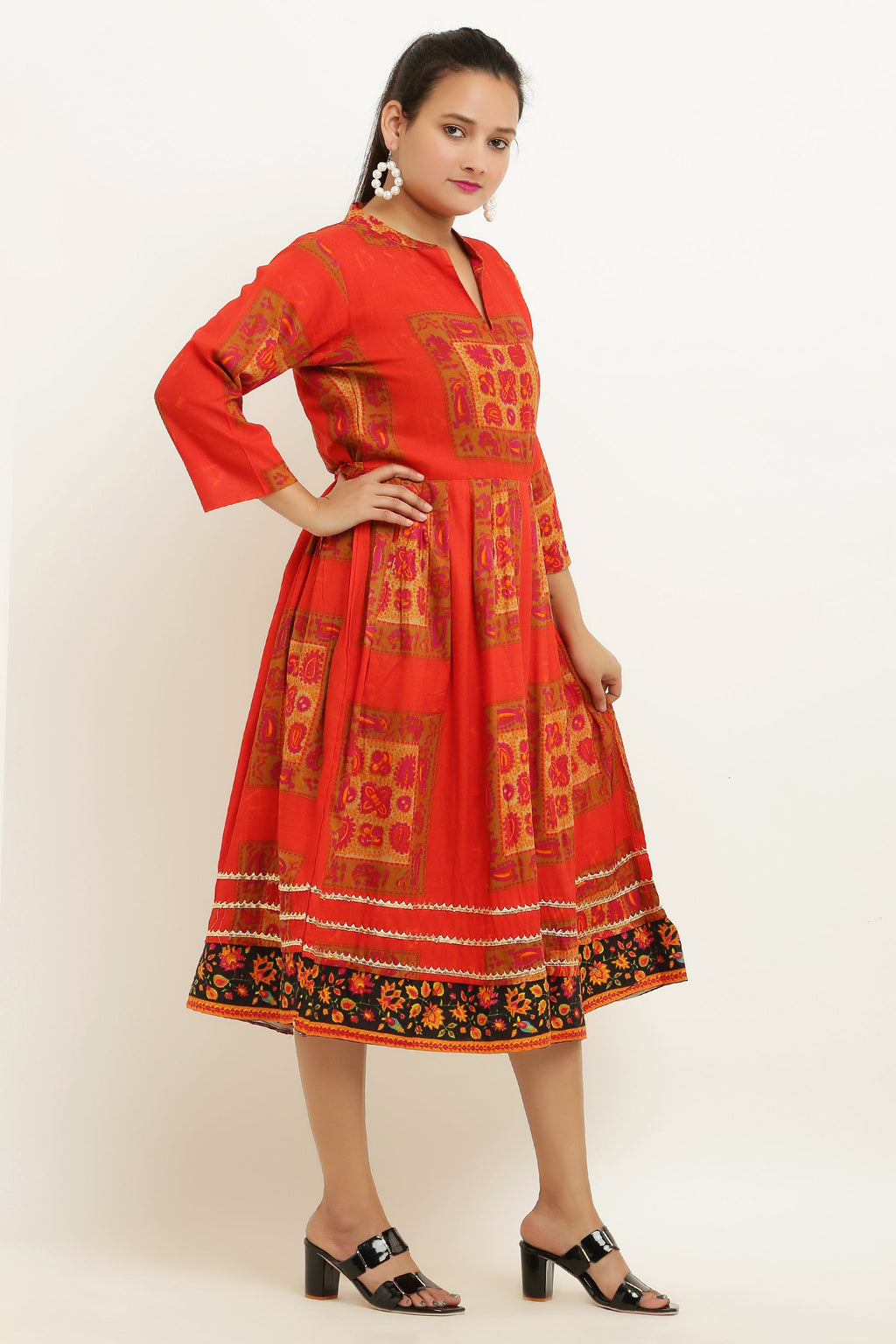 PAVONINE Jaipuri Block Print Red Color Dress For Girls & Women