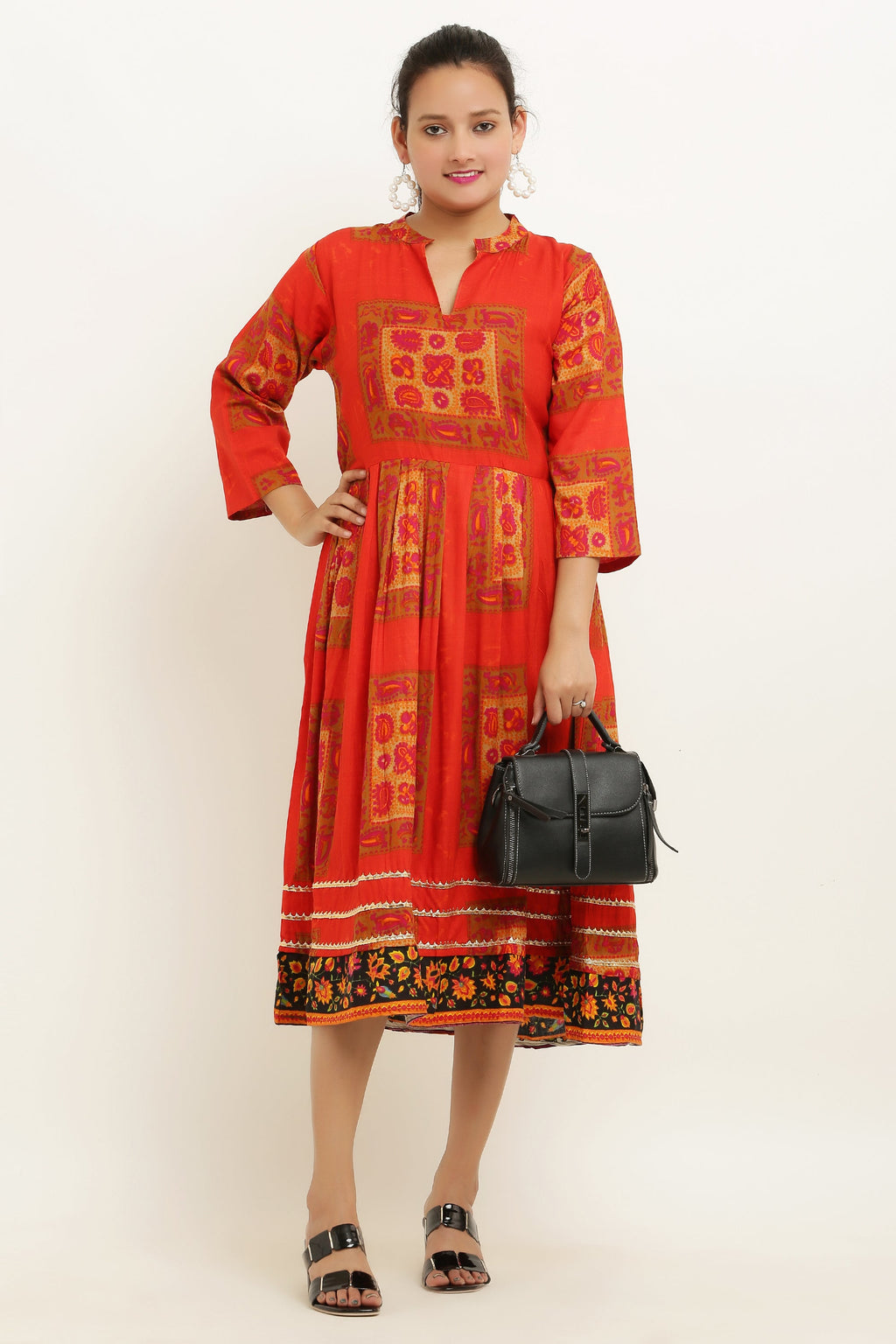 PAVONINE Jaipuri Block Print Red Color Dress For Girls & Women