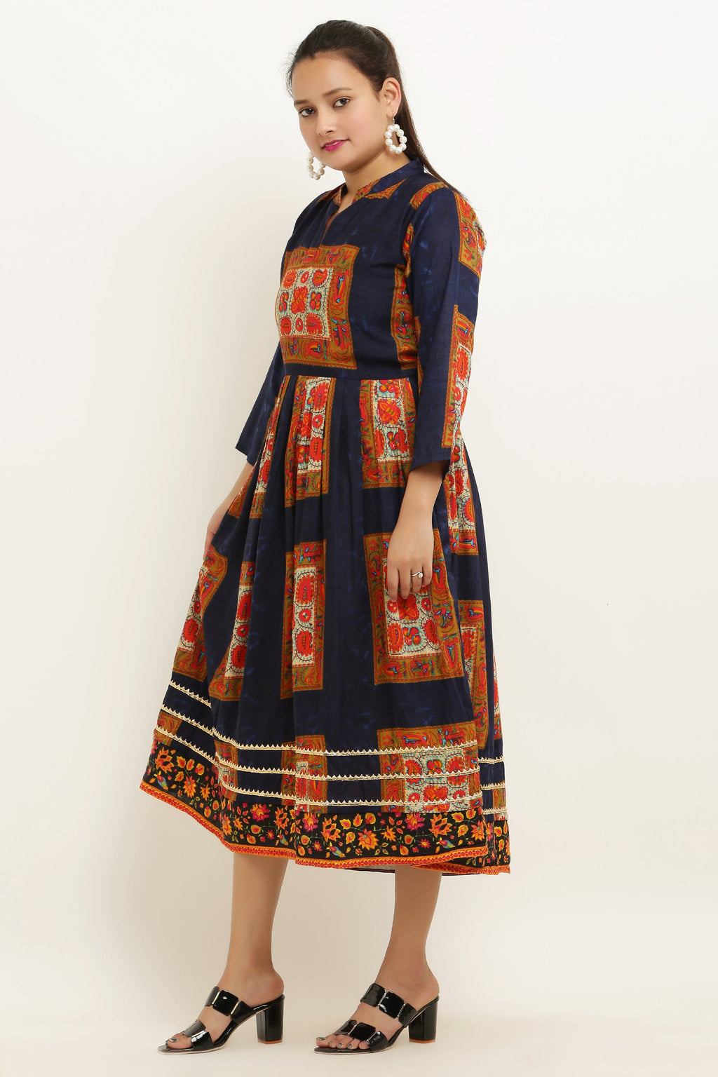PAVONINE Jaipuri Block Print Navy Blue Color Dress For Girls & Women
