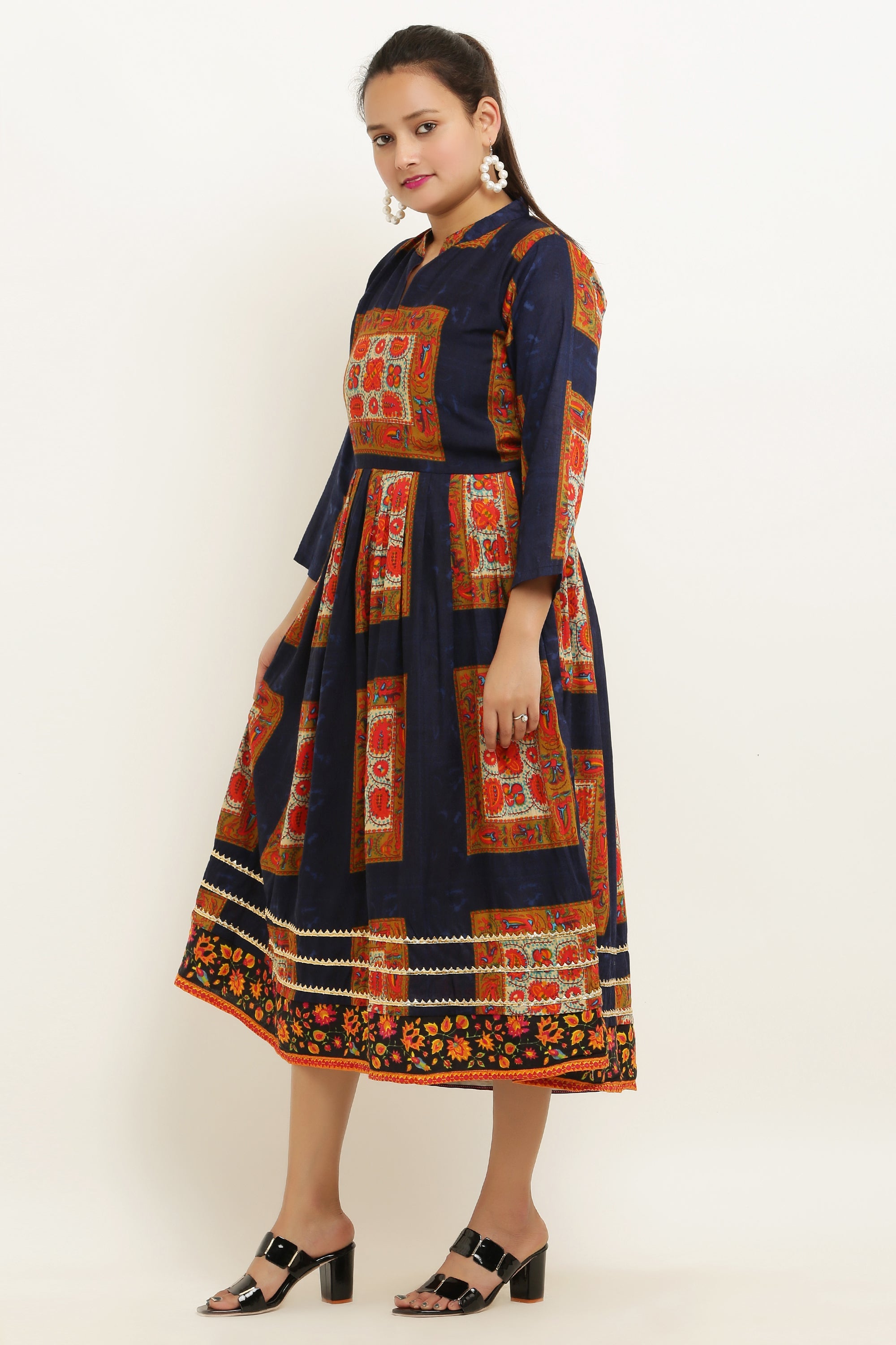 PAVONINE Jaipuri Block Print Navy Blue Color Dress For Girls & Women