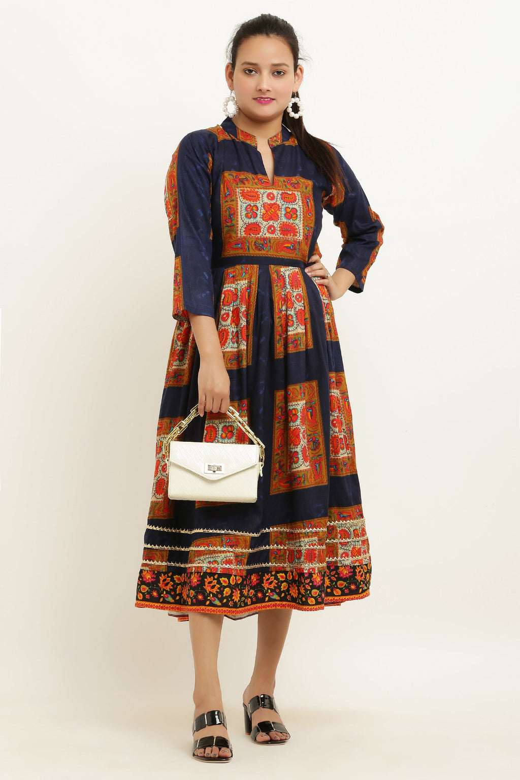 PAVONINE Jaipuri Block Print Navy Blue Color Dress For Girls & Women
